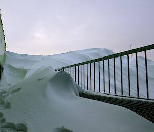 The back deck completely buried under the snow