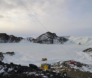 A view of Platcher hut with Long Fjord and the Plato in the background