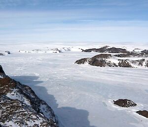 Photo taken of Long Fjord looking towards Platcher hut and the Plateau