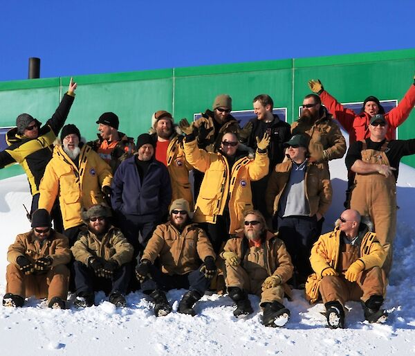 The Davis winter crew having some fun while attempting to get the official winter photo earlier in the season