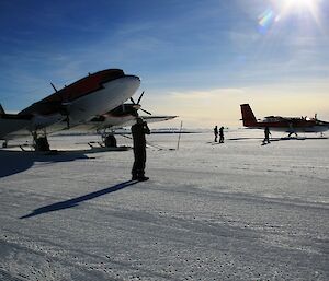 The Basler and Twin Otter aircraft parked up for the day after their flight from Casey