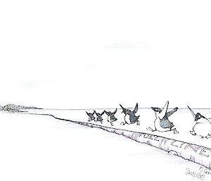 A cartoon of penguins attempting to jump over the fuel hose on the ice