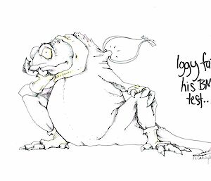 A cartoon of a fat lizard who failed his medical