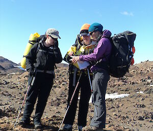 Four expeditioners pondering over a map