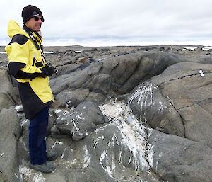 An expeditioner standing near a penguin moulting site