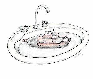 cartoon illustration of the Aurora Australis in a washing basin