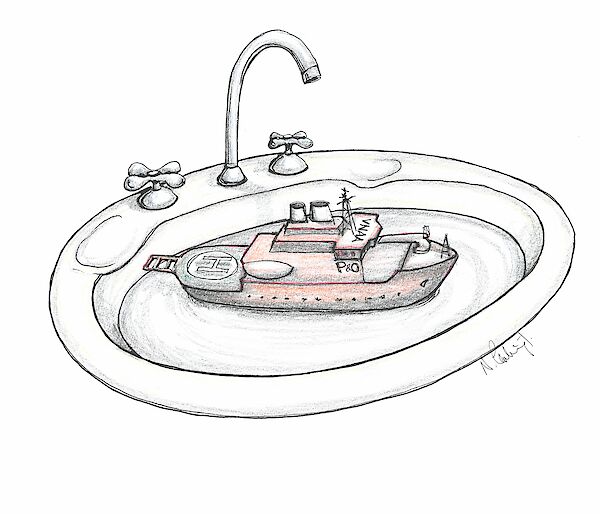 cartoon illustration of the Aurora Australis in a washing basin