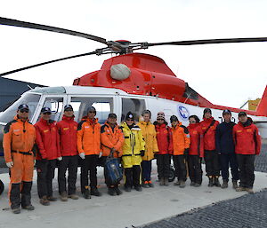 Group of expeditioners with a Chinese helicopter in the background