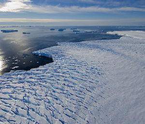 aerial view looking down on a glacier