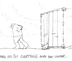 cartoon drawing of an expeditioner ensuring everything that needs to be packed away for summer is