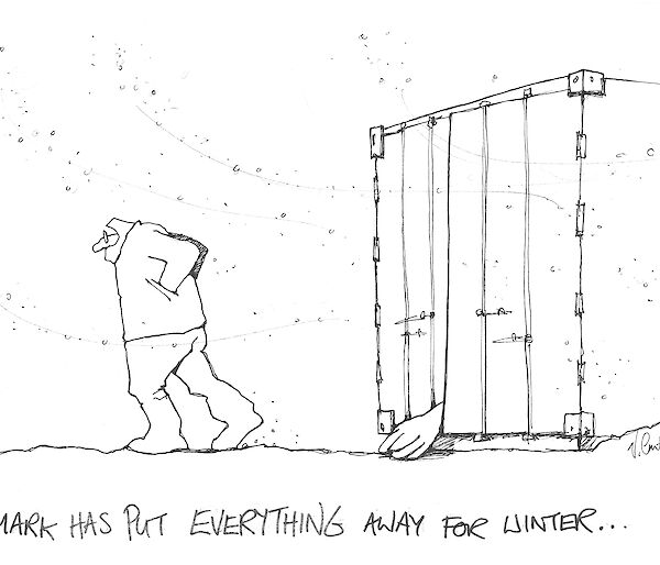 cartoon drawing of an expeditioner ensuring everything that needs to be packed away for summer is