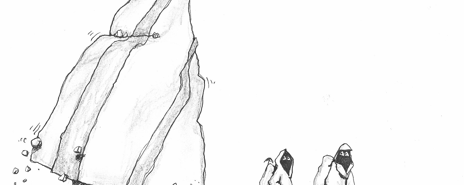 Cartoon drawing of a large icy hill following a few trekkers