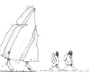 Cartoon drawing of a large icy hill following a few trekkers