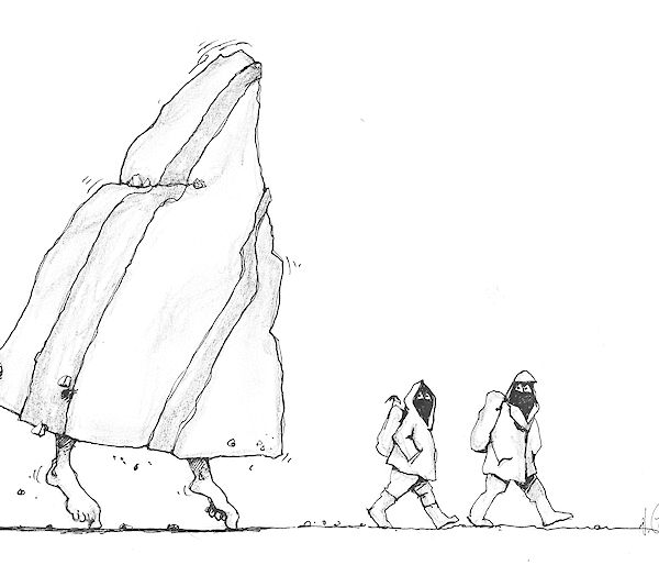 Cartoon drawing of a large icy hill following a few trekkers