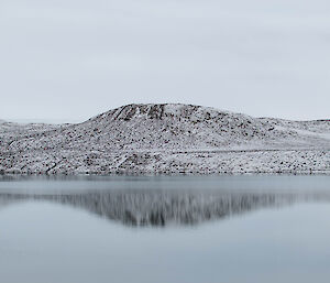 large lake showing mirror image of snow capped hills
