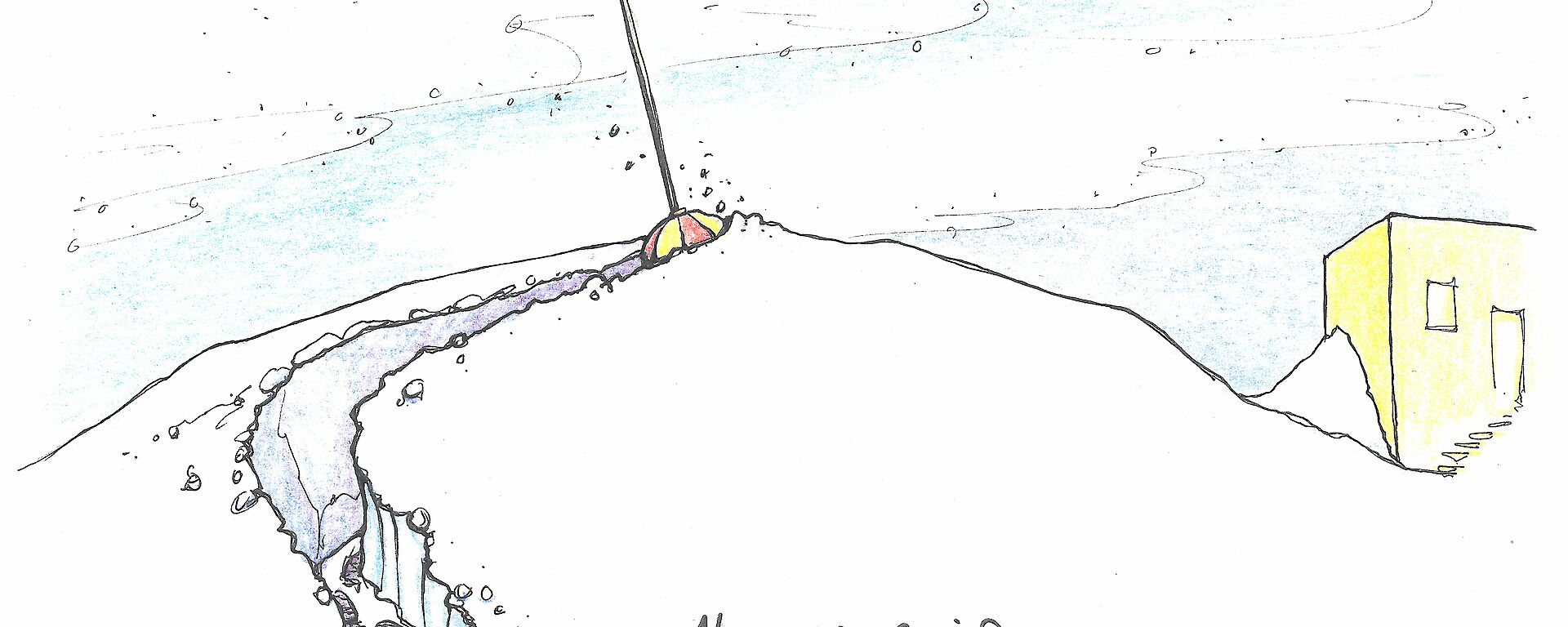 cartoon illustration showing an expectioner walking through deep snow drifts wearing a flag on her head