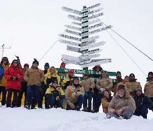 21 expeditioners standing next to Davis sign post