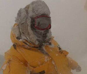 Close up photo of expeditioner covered in snow and ice