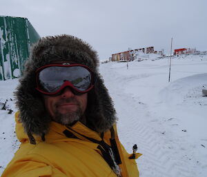 Close up photo of expeditioner covered in snow