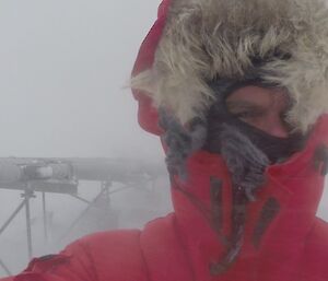Close up photo of expeditioner during a blizzard