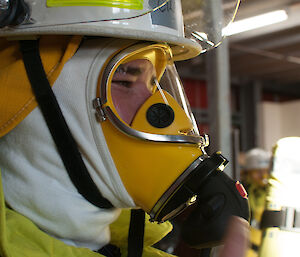 Close up photo of expeditioner with fire fighting BA mask