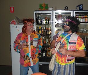 Two expeditioners wearing hippy clothes