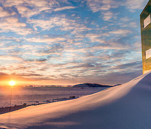 Sunset over the sea ice and station