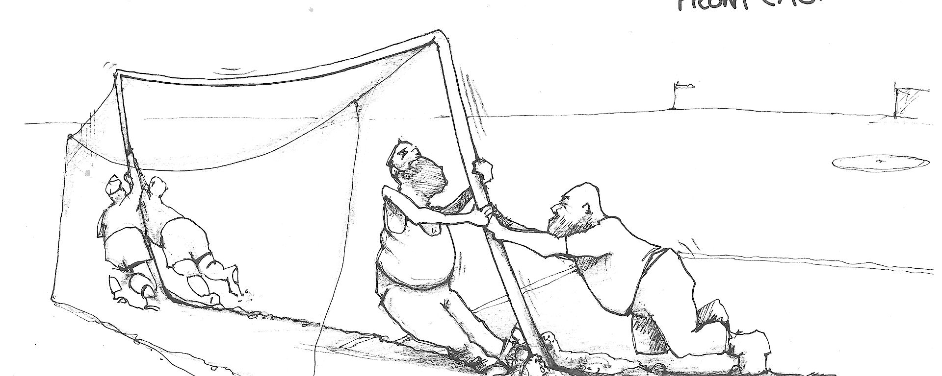 Cartoon illustration of expeditioners struggling to erect a soccer goal