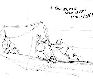 Cartoon illustration of expeditioners struggling to erect a soccer goal