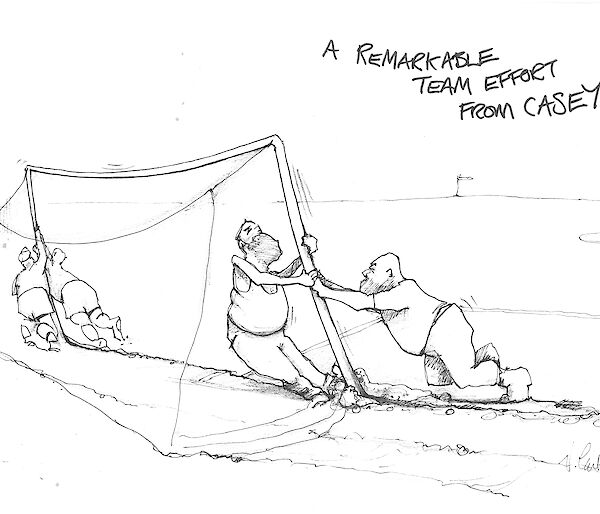Cartoon illustration of expeditioners struggling to erect a soccer goal