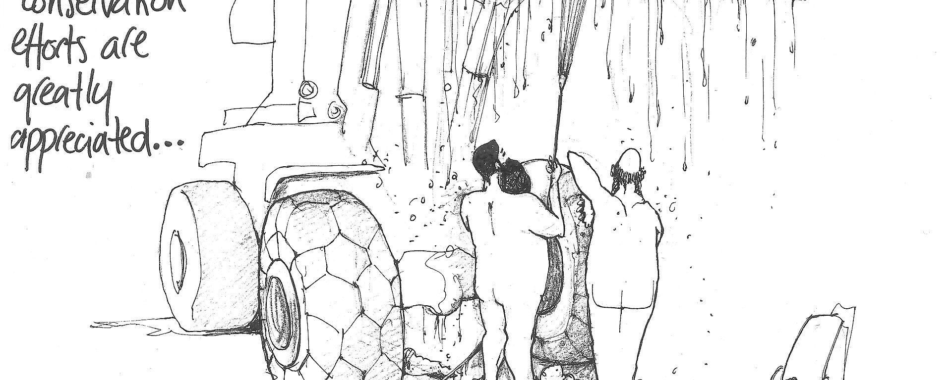 An illustration of two expeditioners showering with vehicles under hoses
