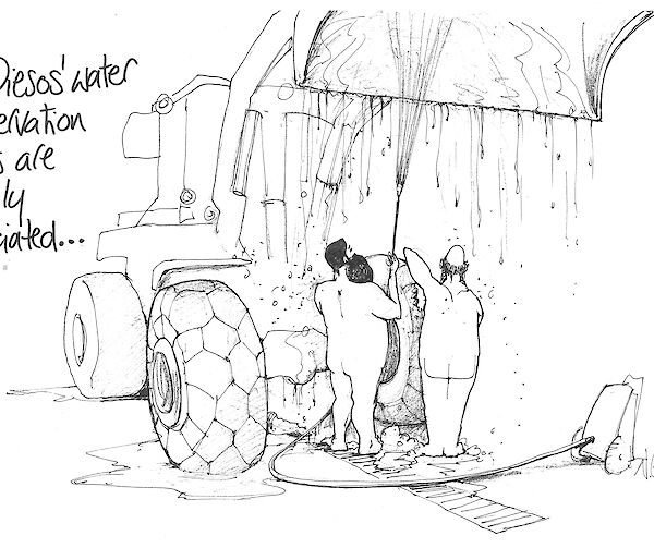 An illustration of two expeditioners showering with vehicles under hoses