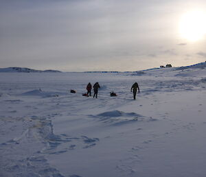 Expeditioners on sea ice towing sleds