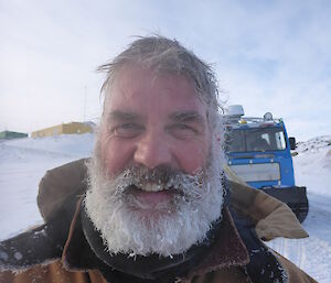 Close up photo of expeditioner with frozen beard