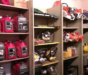 Small generators and other parts on shelves