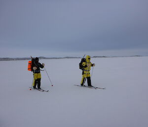 Two expeditioners carrying backpacks cross country skiing on sea ice