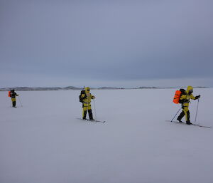 Three expeditioners skiing on sea ice