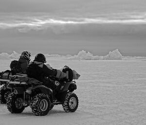 Two expeditioners on quad bikes, icebergs in the background