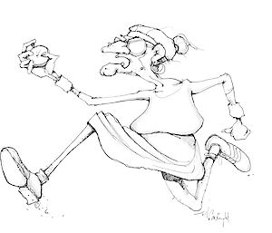 Cartoon illustration of elderly lady sprinting