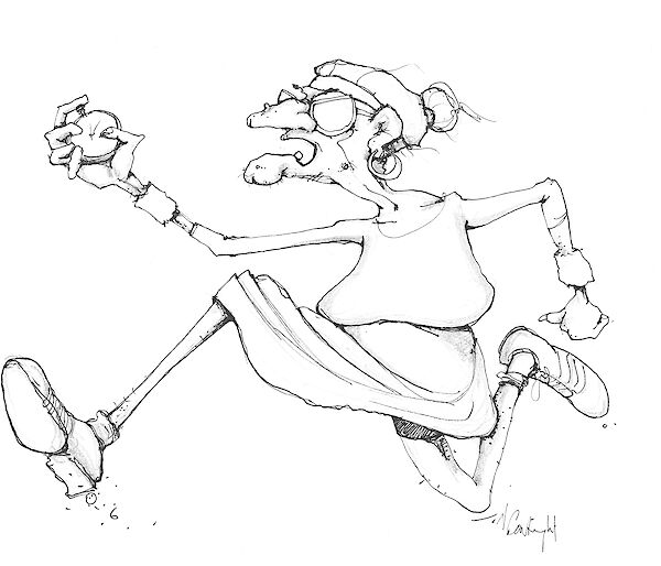 Cartoon illustration of elderly lady sprinting