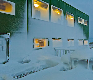 Snow covering the exterior wall of the Living Quarters