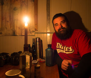 Expeditioner inside hut sitting at a table with a candle