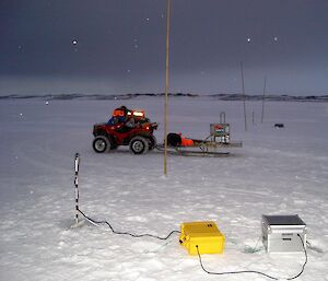Canes upright in the sea ice marking where the buoy has been deployed