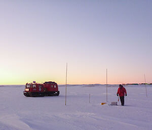 Expeditioner standing next to upright marking canes and science equipment