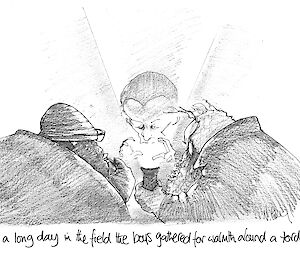 Cartoon illustration of three expeditioners huddled around a torch light