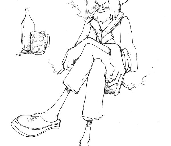 Cartoon illustration of a bearded man with his legs crossed