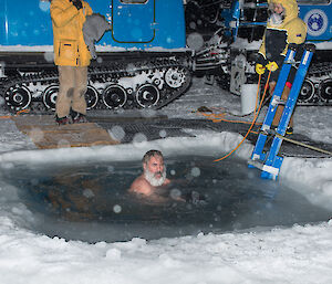 Expeditioner in the icy cold water with mouth wide open in shock