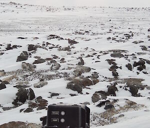 large fixed camera on rocky snow covered island