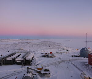 Aerial photo of station fuel tanks area covered in snow