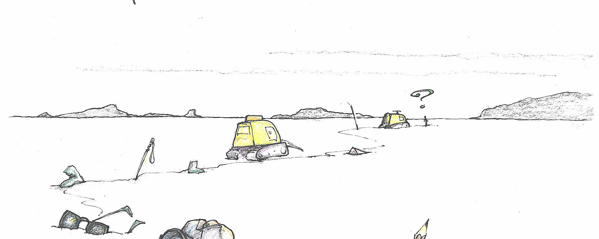 Cartoon illustration of a Hägglunds on the sea ice with numerous personal and scientific items left behind